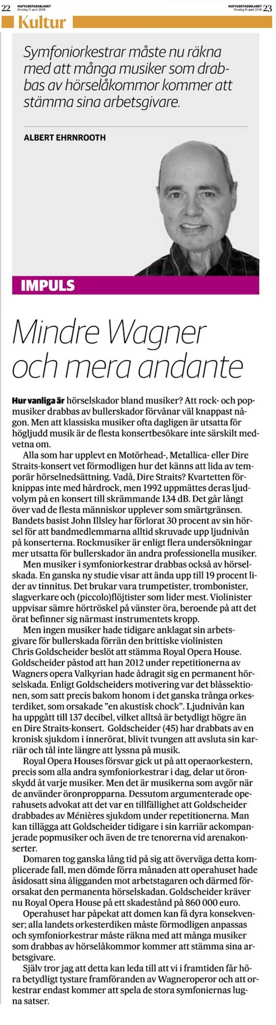 Mindre Wagner och mera andante, Hufyudstadsbladet, 11 april 2018